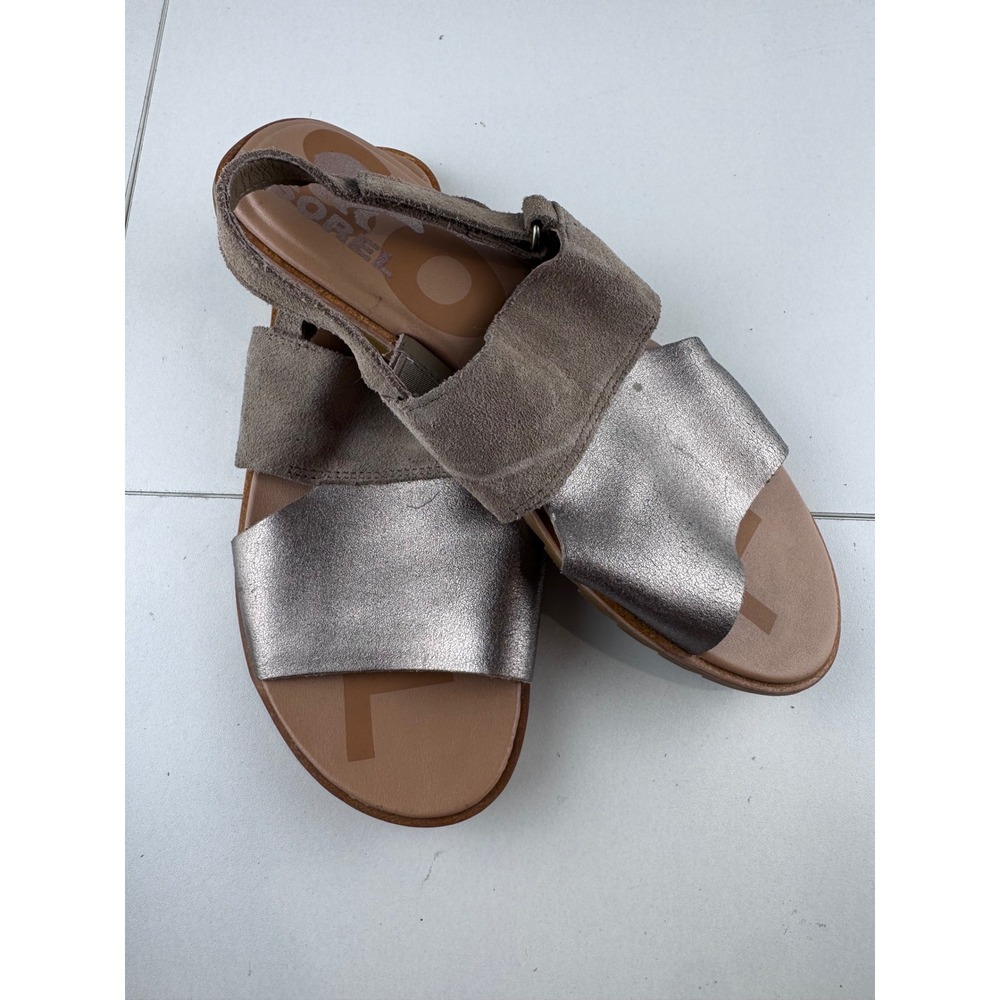 Sorel Buckle Slingback Sandals‎ Womens Size 7 Metallic Grey Suede NL4664-240
